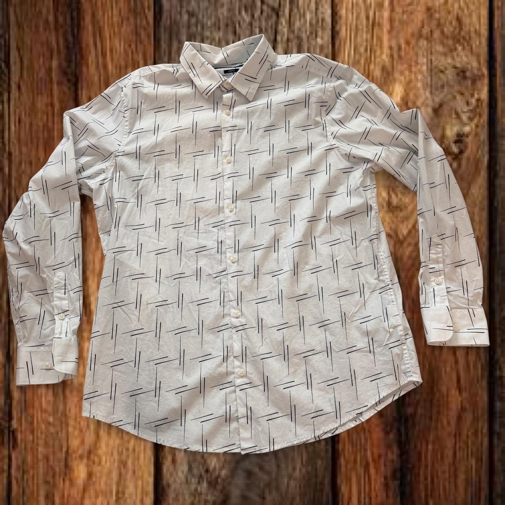 Perry Ellis Mens Button Up Shirt White Geometric Line Print Stretch XL